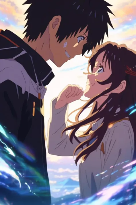 your name, anime, a girl with long hair and a boy looking at each other, smile, intense emotions, artistic portrait style, contrasting colors, beautiful eyes, (masterpiece,best quality)