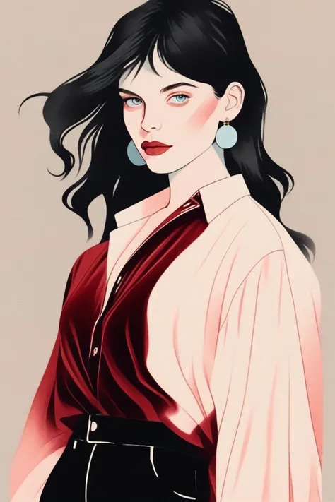 illustrator, illustrator, minimalism style, realistic , 1girl, lip, A velvet jumpsuit with statement earrings,Linen, Alabaster gradient background, Gradient hair,Mullet, actor ,Xanti Schawinsky, (masterpiece,best quality)