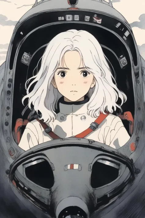 portrait art style, ghibli, horror style ,sketch , chilren girl, dark white hair, cockpit, (masterpiece,best quality)