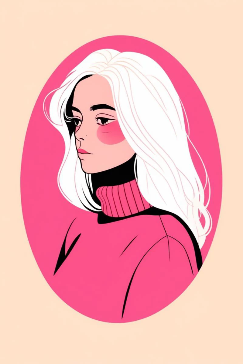 illustrator, illustrator , minimalism style , sticker design, 1girl, portrait, Turtleneck,sardines, dark pink gradient background, Cream hair,Side swept, Jealous ,Croatian, (masterpiece,best quality)