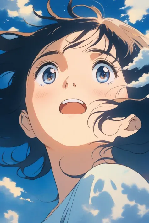 portrait art style, ghibli, a girl looking up at the sky, realistic depiction of intense emotions, artistic portrait style, contrasting colors, beautiful eyes, (masterpiece,best quality)