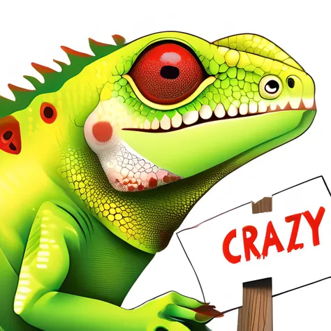 one green lizard holding up a sign that reads I'm with crazy in red paint. white background, bored expression