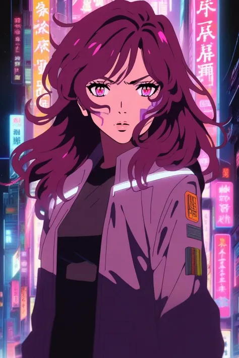 your name, anime style, illustrator, katy mixon, cyberpunk, nosh, Hawaii, United States, Burgundy hair, retro cyberpunk , 80's inspired, synthwave, neon, vibrant, detailed, retro futurism,Qing Dynasty , Deep, shadowy eyes, textured shading, Intense emotional depth, Captivatingly eerie presence, (masterpiece,best quality)