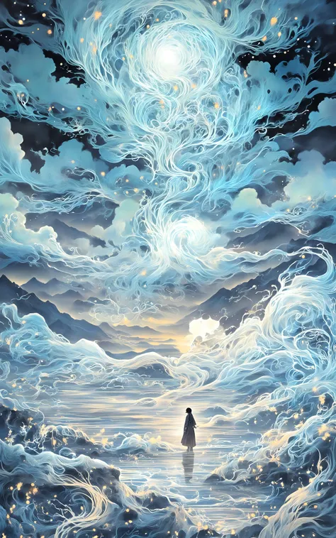 lovecraftian horror Generate an image inspired by the poem capturing the essence of "Shuangjiang" (the Frost's Descent period). Depict the evaporation of the damp traces left by a light rain. Illustrate clouds twisted together,unfolding in the sky. Portray the winds rising at dawn and dusk,where the lights flicker in this place. As the night deepens,everything succumbs to darkness. Capture the leaves rustling in the distance,carried away by the wind. Upon approaching,they mysteriously vanish. Let the wind softly whisper in the far-off places,inviting one to listen closely. Overall,convey nothing more than a gentle breath,echoing the serene stillness depicted in the poetry. Use Stable Diffusion to craft an image resonating with the nuanced emotions and imagery evoked by the verses., . eldritch, cosmic horror, unknown, mysterious, surreal, highly detailed