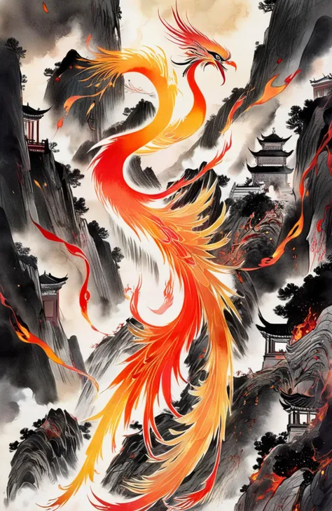 Phoenix, (flaming feathers), wings, ([fiery eyes|sharp beak]:1.3), [radiant plumage::10], vibrant ([feathery tail:molten claws:0.4]:1.7) from ([glowing body:fiery aura:0.4]:1.5), intense gaze, mythical powers, fiery talons, ancient ruins, [ethereal flames:0.1], [billowing feathers, mesmerizing patterns:0.4]
<lora:PAseer-SDXL-èäºå±±:0.8>cangyunshan,landscape,chinese ink painting
