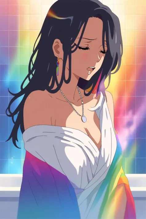your name, bare shoulder,sexy, cleavage, 1 girl,portrait, long hair,simple background, lips, spark ,niji style, towel, necklace, realistic,in the bathroom, steamy, steam , sad,Rainbow gradient background, (masterpiece,best quality)