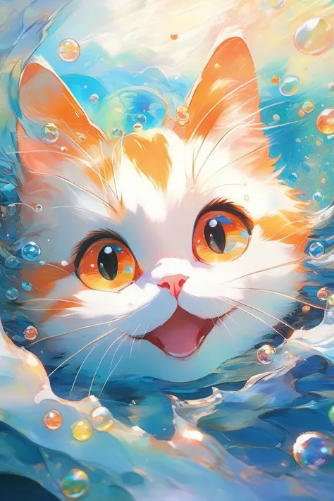 (((masterpiece))),(best quality),((ultra-detailed)),ghibli,sticker design,illustrator,anime style,
Watercolor painting orange_cat,laughing,Colorful colors,surrounded by water bubbles,in the style of Kawacy,Masterpiece,Oil painting drawn in anime style,head close - up,exaggerated perspective,Tyndall effect,water drops,mother - of - pearl iridescence,Holographic white,Vibrant,beautiful,painterly,textural,artistic,