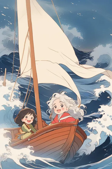 (((masterpiece))),(((best quality))),((ultra-detailed)),ghibli,sticker design,illustrator,anime style,
a cute girl is sailing on a small boat with yang fan in the sea,((solo)),cure lovely,long hair,curly hair,white hair,crazy_smile,a tumultuous giant wave,wind,pale color,