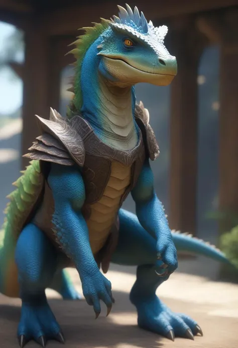 anthro, (((Blue colored scales))), ((multicolored scales)), <[Tyrannosaurus:Argonian:.45]>, (((Blue colored scales))), ((friendly expression)), male, , thick beefy body build, ((NO NIPPLES)), ((One Tail)), thick body, ((thick legs, long legs)), (((wearing Shorts))),  BREAK, (unreal engine:1.5), (masterpiece, best quality, ultra realistic, 4k, 2k, (high detail:1.3), film photography, soft focus, RAW photo, photorealistic, analog style, subsurface scattering, photorealism, absurd res)