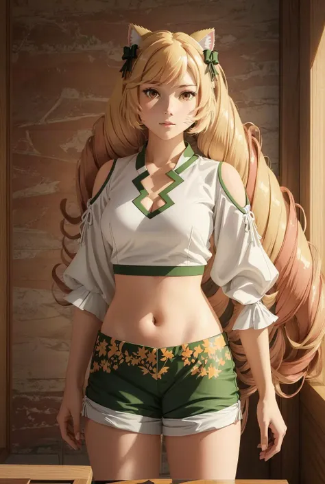 clothing cutout,midriff,white shirt,long sleeves,navel,white belt,shorts,green shorts,thigh boots,white footwear <lora:Ðанна ÑÑиÑен(kanne,short hair,two side up,hair between eyes,brown eyes,medium breasts(Ñм одеждÑ):0.6>, <lora:My LORA:0.8> Himeko, very long hair, red eyes, hair bow, twin_drills, twintails, long hair,cat ears, yellow cat ears, (((masterpiece))), (((best quality))), (((illustration))), (((finely detail))), ((extremely detailed cg unity 8k wallpaper, highres)), (beautiful detailed face and eyes and hair:1.1), (an extremely delicate and beautiful girl:1.2), ultra-detailed, ultra high res, high quality, 4K, extreamly delicate and beautiful, full_body, standing, in full growth, hourglass waist