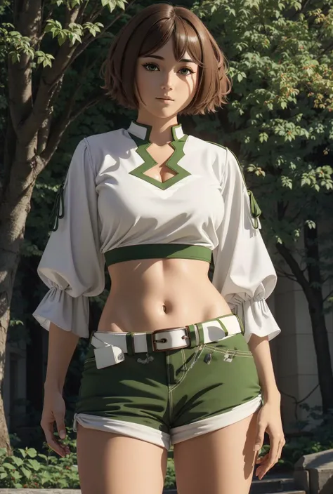 clothing cutout,midriff,white shirt,long sleeves,navel,white belt,shorts,green shorts,thigh boots,white footwear <lora:Ðанна ÑÑиÑен(kanne,short hair,two side up,hair between eyes,brown eyes,medium breasts(Ñм одеждÑ):0.7>, kanne,short hair,two side up,hair between eyes,brown eyes,medium breasts <lora:Sousou_no_Frieren_style:0.6> wz_sousou_no_frieren_style, 1girl in full growth, best quality, masterpiece, ultra-detailed, high quality, perfect nose, highly detailed skin, warm skin tone, defiance512, RAW photo, best quality, high resolution, (masterpiece), dreamlike, dreamy, modelshoot style, analog style, tonemapping, photorealistic, professional photography, sharp focus, HDR, 8K resolution, intricate detail, sophisticated detail, hyper detailed, (depth of field), highlight and shadow, volumetric lighting, cinematic bloom, professional light, looking at viewer, blotchy,