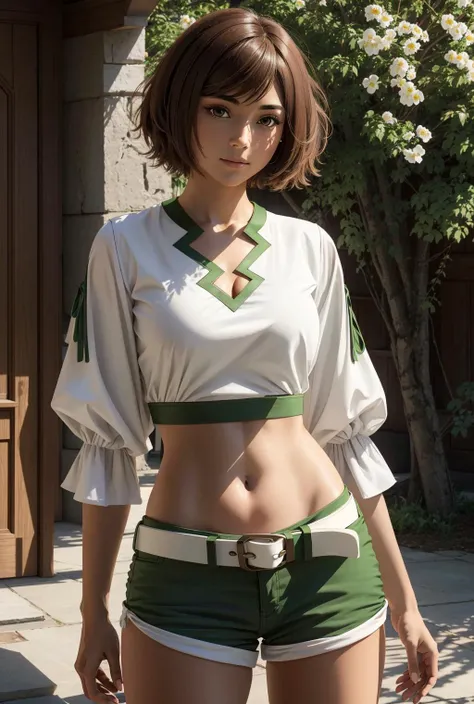 clothing cutout,midriff,white shirt,long sleeves,navel,white belt,shorts,green shorts,thigh boots,white footwear <lora:ÐÐ°Ð½Ð½Ð° ÑÑÐ¸ÑÐµÐ½(kanne,short hair,two side up,hair between eyes,brown eyes,medium breasts(ÑÐ¼ Ð¾Ð´ÐµÐ¶Ð´Ñ):0.7>, kanne,short hair,two side up,hair between eyes,brown eyes,medium breasts, 1girl in full growth, best quality, masterpiece, ultra-detailed, high quality, perfect nose, highly detailed skin, warm skin tone, defiance512, RAW photo, best quality, high resolution, (masterpiece), dreamlike, dreamy, modelshoot style, analog style, tonemapping, photorealistic, professional photography, sharp focus, HDR, 8K resolution, intricate detail, sophisticated detail, hyper detailed, (depth of field), highlight and shadow, volumetric lighting, cinematic bloom, professional light, looking at viewer, blotchy,