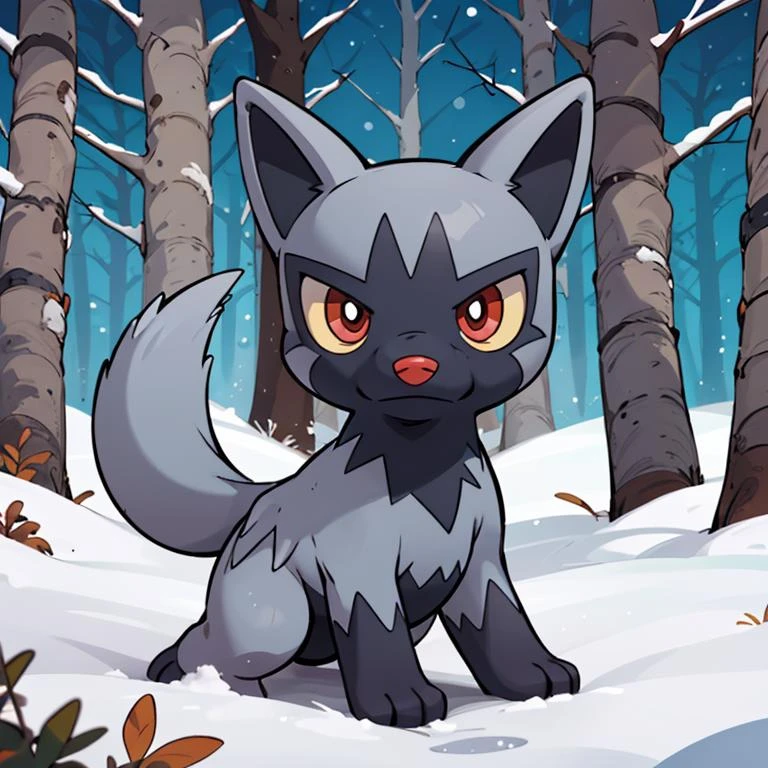 centered, award winning photo, (looking at viewer:1.2), | Poochyena_Pokemon, |snowy forest, | bokeh, depth of field, cinematic composition, | <lora:Poochyena_Pokemon_Anime:0.8>