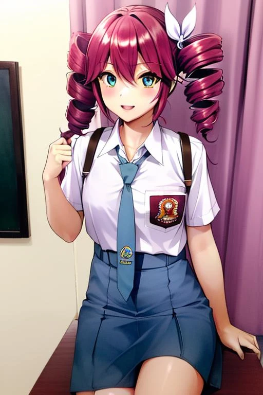 female <lora:Kasane Teto:0.5> twin drill hair, kasane teto wearing indonesian high school uniform <lora:Indonesian High School Uniform:0.7> white shirt, blue necktie
