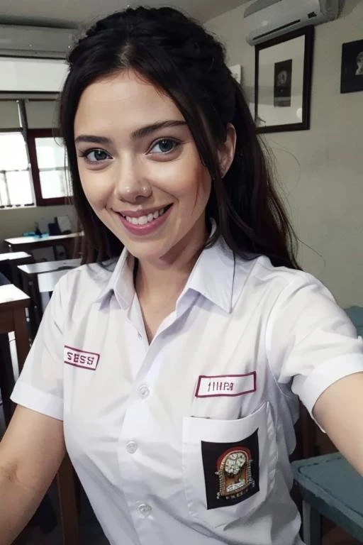 masterpiece, best quality, highres, female, 1girl, scarlett johansson face, wearing indonesian high school uniform, smile, dynamic pose, good hand angle <lora:Indonesian High school Uniform:0.7> white shirt