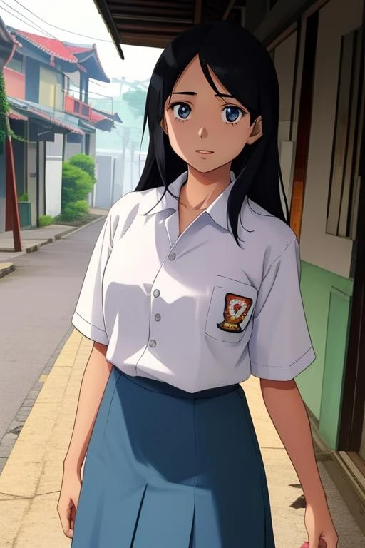 (masterpiece), best quality,anime visual, illustration of a young black haired girl wearing indonesian high school uniform, detailed city street background, cute facekatsura masakazu, studio lighting, cel shaded, crisp and sharp, rounded eyes, bright daylight <lora:Indonesian High School Uniform:0.6>