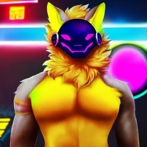 A sharp focus headshot bust portrait pretty soft shading watercolor lined digital artwork protogen smiling glowing protogen visor furred nude featureless looking at viewer standing neon cybercity background