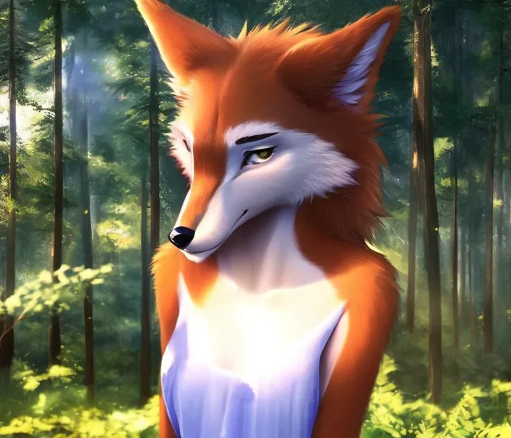 A sharp focus half-length portrait pretty countershade soft rim lighting shading digital artwork (kemono:0) female wolf lady looking at viewer three-quarters view standing forest background