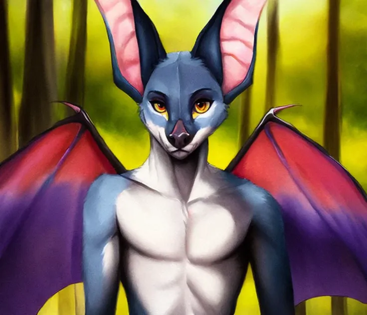 A sharp focus half-length portrait pretty watercolor countershade soft rim lighting shading digital artwork buff winged wings male bat featureless looking at viewer three-quarters view standing forest background