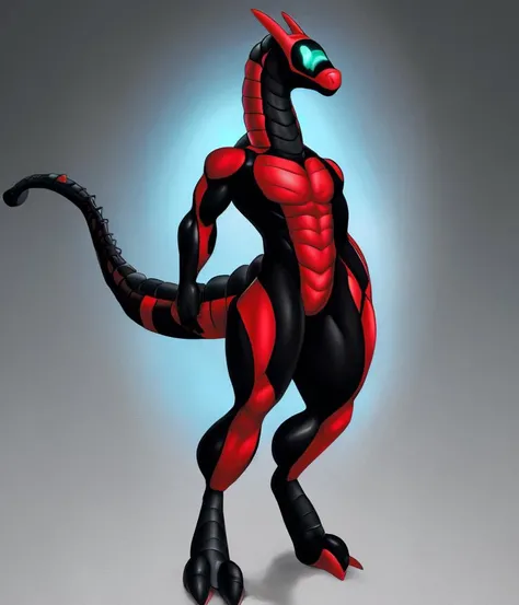 A best quality masterpiece sharp focus pretty soft shading watercolor lined digital artwork digitigrade muscular male synth vader-san glowing expressive visor face smiling android black and gray metallic glossy plating thighs hips chest curled tail looking at viewer standing simple backdrop