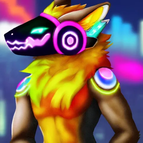 A sharp focus headshot bust portrait pretty soft shading watercolor lined digital artwork protogen smiling glowing protogen visor furred nude featureless looking at viewer standing neon cybercity background