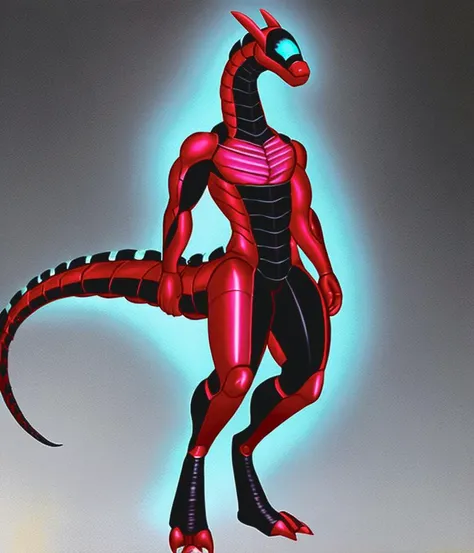 A best quality masterpiece sharp focus pretty soft shading watercolor lined digital artwork digitigrade muscular male synth vader-san glowing expressive visor face smiling android black and gray metallic glossy plating thighs hips chest curled tail looking at viewer standing simple backdrop