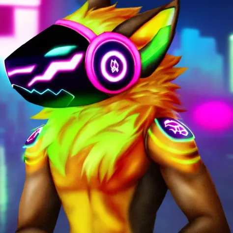 A sharp focus headshot bust portrait pretty soft shading watercolor lined digital artwork protogen smiling glowing protogen visor furred nude featureless looking at viewer standing neon cybercity background