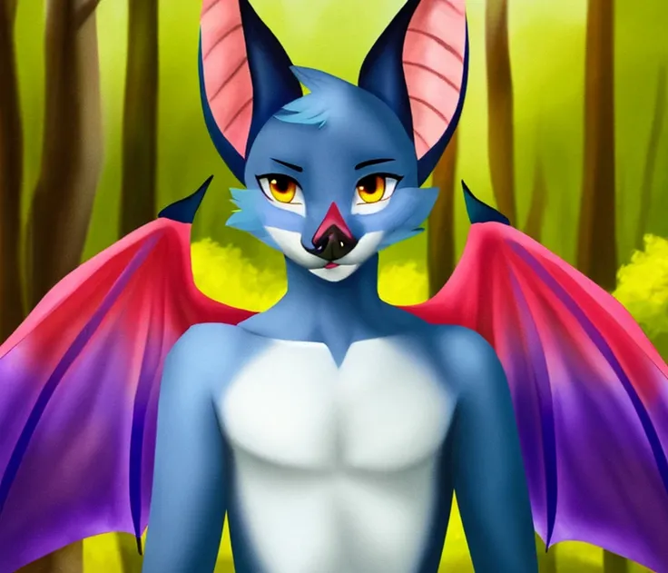 A sharp focus half-length portrait pretty watercolor countershade soft rim lighting shading digital artwork buff winged wings male bat featureless looking at viewer three-quarters view standing forest background