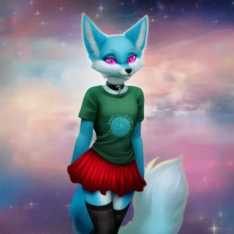 on e621.net, fox, safe, anthro, blue fur, male, stockings, skirt, t-shirt, femboy, blue fox, e621.net, feminine, pink eyes, collar, small breasts, girlish, Rating: Safe, masterpiece, digital art, realistic shading, smooth shading, detailed eyes, photorealistic, highres, breasts, solo, space background