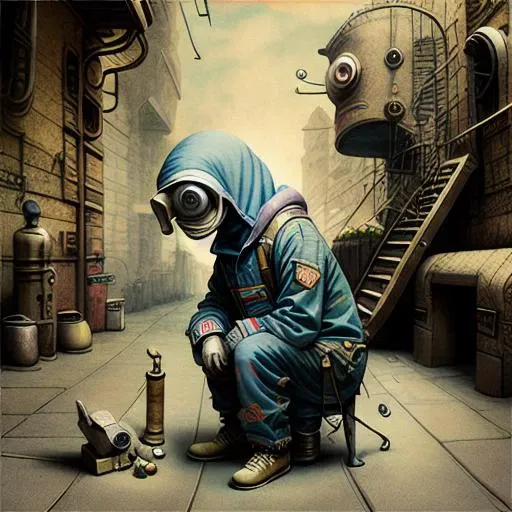 (Bored Alien playing with a puzzle cube while sitting on library steps:0.5)<lora:vectorAliens_v10:1> <lora:lilYunicorn_v10:1> <lora:machinarium_V10:0.6> jxmc style, Maintenance worker, jumpsuit.
