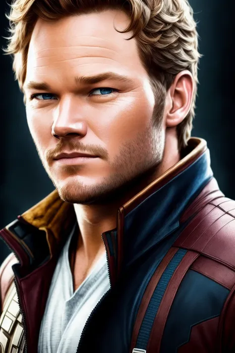 Realistic portraits of a star lord chris pratt by Greg Rutkowski, realistic eyes, intricate details, skin pores, photorealism, photography, high quality, 32K, detailed portrait, digital painting, artstation, concept art, smooth, sharp foccus ilustration, Artstation HQ.