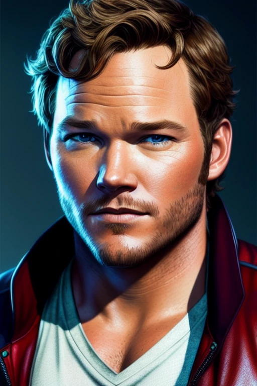 Realistic portraits of a star lord chris pratt by Greg Rutkowski, realistic eyes, intricate details, skin pores, realistic skin, photorealism, photography, high quality, 32K, detailed portrait, digital painting, artstation, concept art, smooth, sharp foccus ilustration, Artstation HQ.