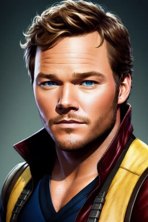 Realistic portraits of a star lord chris pratt by Greg Rutkowski, realistic eyes, intricate details, skin pores, photorealism, photography, high quality, 32K, detailed portrait, digital painting, artstation, concept art, smooth, sharp foccus ilustration, Artstation HQ.