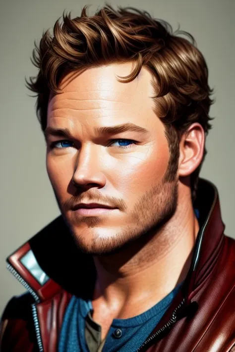 Realistic portraits of a star lord chris pratt by Greg Rutkowski, realistic eyes, intricate details, skin pores, realistic skin, photorealism, photography, high quality, 32K, detailed portrait, digital painting, artstation, concept art, smooth, sharp foccus ilustration, Artstation HQ.