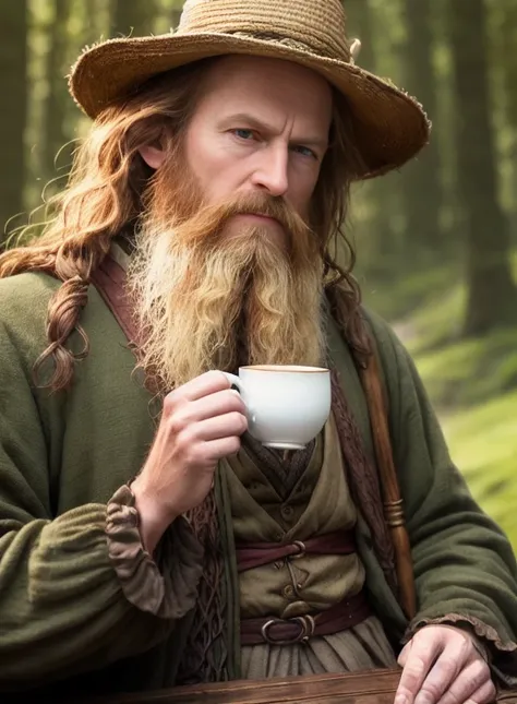 modelshoot style, (extremely detailed 8k wallpaper),a medium shot photo of tom bombadil drinking tea, Intricate, High Detail, dramatic, fantasy world, fantastic location, skin pores, very dark lighting, heavy shadows, detailed, detailed face, (vibrant, photo realistic, realistic, dramatic, dark, sharp focus, 8k), lotr,