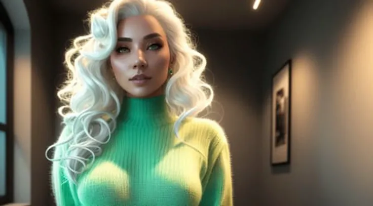 tiktok girl, (from_side:1.3) (crossed_ankles:1.2) white_hair , wavy_hair , future era, futuristic , green (formfitting sweater, panties) , over a precipice , jewelry, (full_body:1.4), (realistic:1.4), masterpiece, high quality, realistic lighting, center of frame, 8k, hdr, amateur, (freckles:0.87)