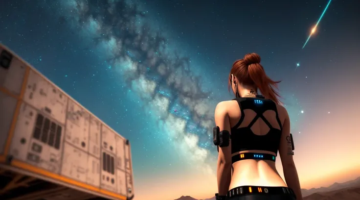 tiktok girl, (from_behind:1.3) (crossed_ankles:1.2) brown_hair , flat_hair , cyberpunk , brown microskirt, crop top , in space , jewelry, (full_body:1.4), (realistic:1.4), masterpiece, high quality, realistic lighting, center of frame, 8k, hdr, amateur, (freckles:1.2)
