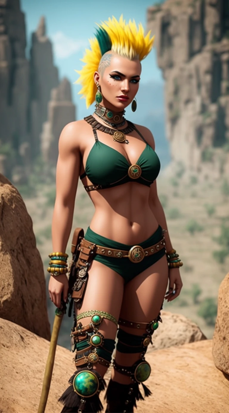 tiktok girl, (from_side:1.3) (standing:1.2) blonde_hair , mohawk , steampunk , green caveman outfit, stone age , on allen planet , jewelry, (full_body:1.4), (realistic:1.4), masterpiece, high quality, realistic lighting, center of frame, 8k, hdr, amateur, (freckles:0.93)