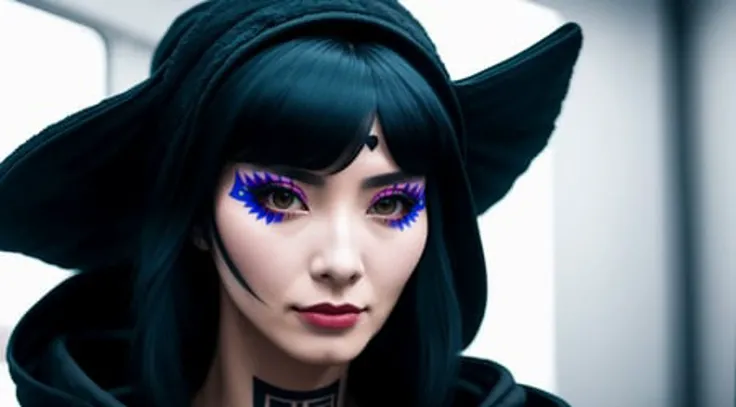 tiktok girl, (from_below:1.3) (walking:1.2) black_hair , earmuffs , future era, futuristic , black (open bathrobe) , on space station , jewelry, (full_body:1.4), (realistic:1.4), masterpiece, high quality, realistic lighting, center of frame, 8k, hdr, amateur, face tattoo