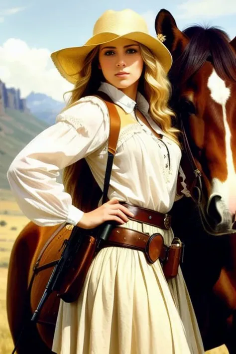 modelshoot style, (extremely detailed 8k wallpaper), beautiful portrait of a beautiful cute teen woman in western clothes, holstered gun, standing next to horse, shoulder - length blonde hair, buff, body, muscular, intricate, elegant, 8 k, highly detailed, smooth, sharp focus, by artgerm greg rutkowski alphonse mucha loish wlop