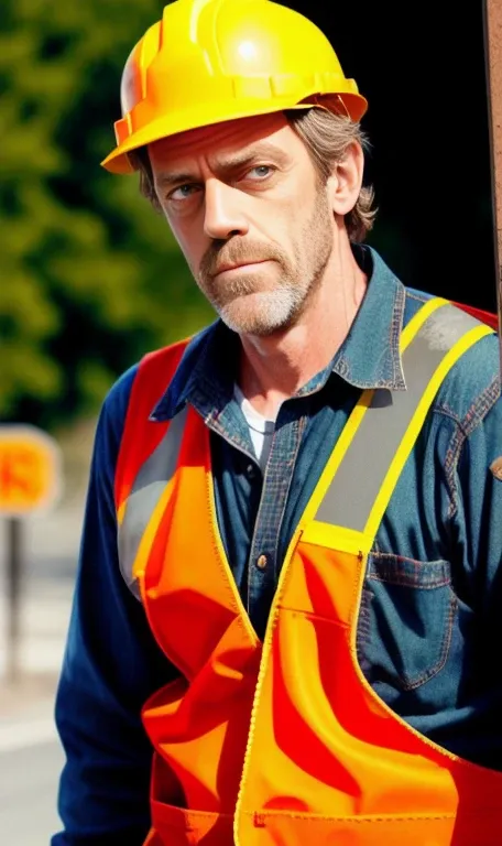 PORTRAIT, REALISTIC, PHOTOREALISTIC, Hugh Laurie, a Road worker, working,