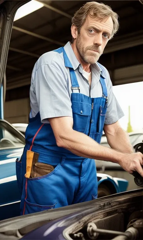 PORTRAIT, REALISTIC, PHOTOREALISTIC, Hugh Laurie, a Car mechanic at work,