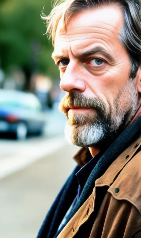 PORTRAIT, REALISTIC, PHOTOREALISTIC, Hugh Laurie, a homeless man on the streets,