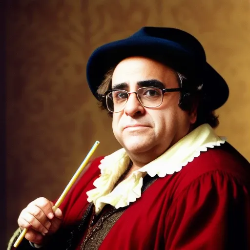 modelshoot style, (extremely detailed 8k wallpaper), a medium shot Renaissance portrait of Danny DeVito eating pixie sticks, Renaissance clothing, ruffled collar, High Detail, dramatic