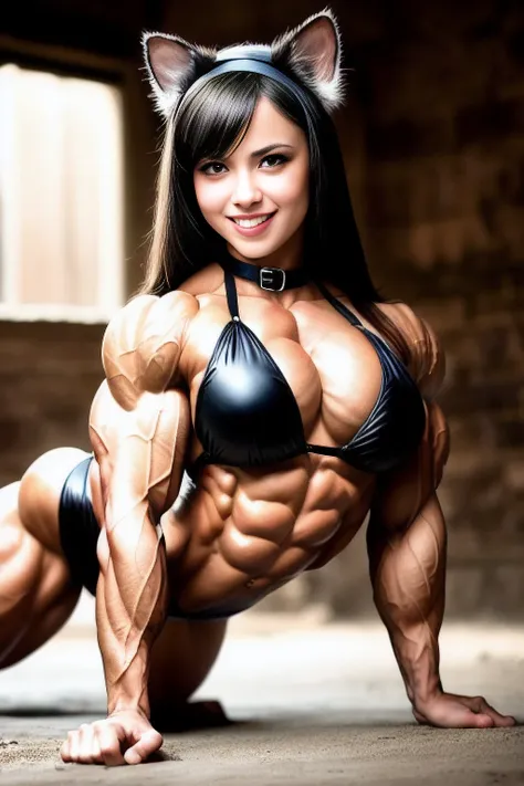 (BDSM dominant submissive gorgeous cute adorable girl:1.5), ((female bodybuilder:1.9)), (wearing bdsm submissive black latex bikini, black cat ears, her leash is attached to the collar on her neck:1.5), ((crawling to you very alluringly, as if she was to pounce, smiling:1.9)), by Alexandre Dupouy, trending on ArtStation, trending on CGSociety, Intricate, High Detail, Sharp focus, dramatic, photorealistic painting