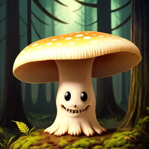 majestic painting, mushroom, anthropormorphic, face, smiling, stylized, spooky forest setting