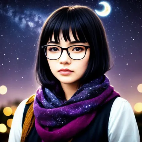 1girl, aurora, bangs, black-framed_eyewear, black_hair, constellation, food, galaxy, glasses, long_hair, looking_at_viewer, milky_way, moon, night, night_sky, purple_sky, red_scarf, scarf, shooting_star, sky, solo, space, star_\(sky\), starry_background, starry_sky, starry_sky_print, twilight