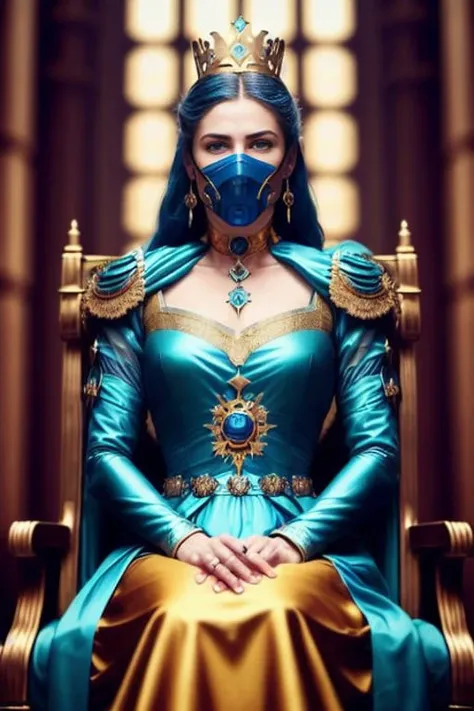 modelshoot style, (extremely detailed 8k wallpaper),a medium shot family photo of swedish older female future war queen sitting on royal throne, castle, indoors ((scar)), braided hair, royal, golden crown, earrings, queen, cyberpunk, ((cyborg)), ((breathing mask)), robot, sci fi, ((dystopian)), Intricate, High Detail, dramatic, action shot, battle environment, war, skin pores, very dark lighting, heavy shadows, detailed, detailed face, (vibrant, photo realistic, realistic, dramatic, dark, sharp focus, 8k), (weathered greasy dirty blue and gold futuristic royal dress:1.3)