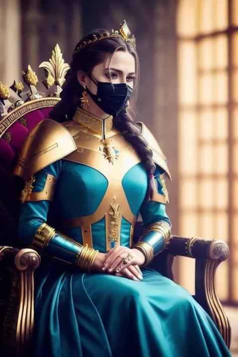 modelshoot style, (extremely detailed 8k wallpaper),a medium shot family photo of swedish older female future war queen sitting on royal throne, castle, indoors ((scar)), braided hair, royal, golden crown, earrings, queen, cyberpunk, ((cyborg)), ((breathing mask)), robot, sci fi, ((dystopian)), Intricate, High Detail, dramatic, action shot, battle environment, war, skin pores, very dark lighting, heavy shadows, detailed, detailed face, (vibrant, photo realistic, realistic, dramatic, dark, sharp focus, 8k), (weathered greasy dirty blue and gold futuristic royal dress:1.3)