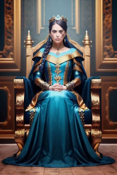 modelshoot style, (extremely detailed 8k wallpaper),a medium shot family photo of swedish older female future war queen sitting on royal throne, castle, indoors ((scar)), braided hair, royal, golden crown, earrings, queen, cyberpunk, ((cyborg)), ((breathing mask)), robot, sci fi, ((dystopian)), Intricate, High Detail, dramatic, action shot, battle environment, war, skin pores, very dark lighting, heavy shadows, detailed, detailed face, (vibrant, photo realistic, realistic, dramatic, dark, sharp focus, 8k), (weathered greasy dirty blue and gold futuristic royal dress:1.3)